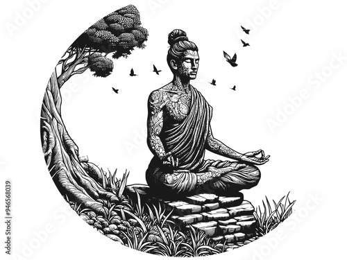 Buddha in Meditation Pose with Tree and Birds in Black and White. Vector, generative ai.