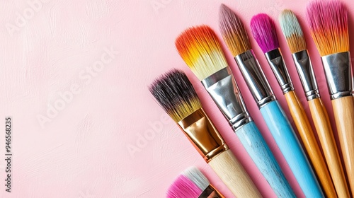 Vibrant paintbrushes arranged on a soft pink surface, capturing the essence of an art supply store, drawing academy, or personal artistic pursuit.