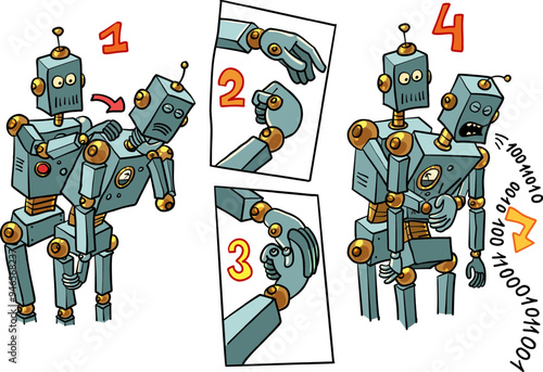 Heimlich maneuver, saving someone choking on food. Futuristic instructions for the future. Robots helping each other and repairing colleagues. The problem is in formulas and numbers.