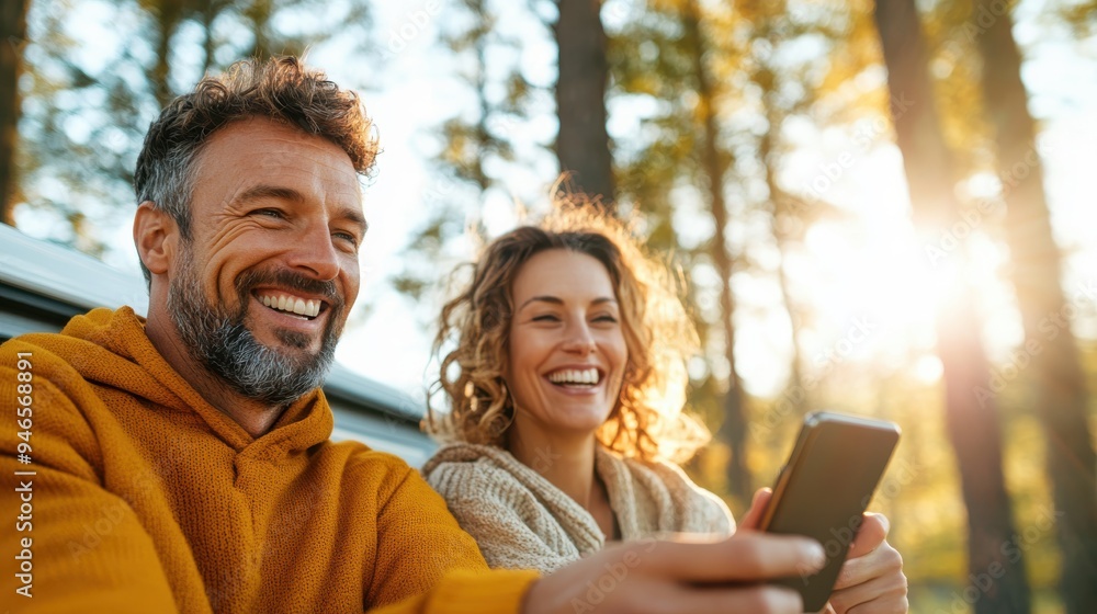 A couple relaxing and smiling while sitting outdoors in a forest setting during sunset, wearing warm casual clothing, and enjoying time together with a smartphone. A couple relaxing and smiling while sitting outdoors in a forest setting during sunset, wearing warm casual clothing, and enjoying time together with a smartphone.