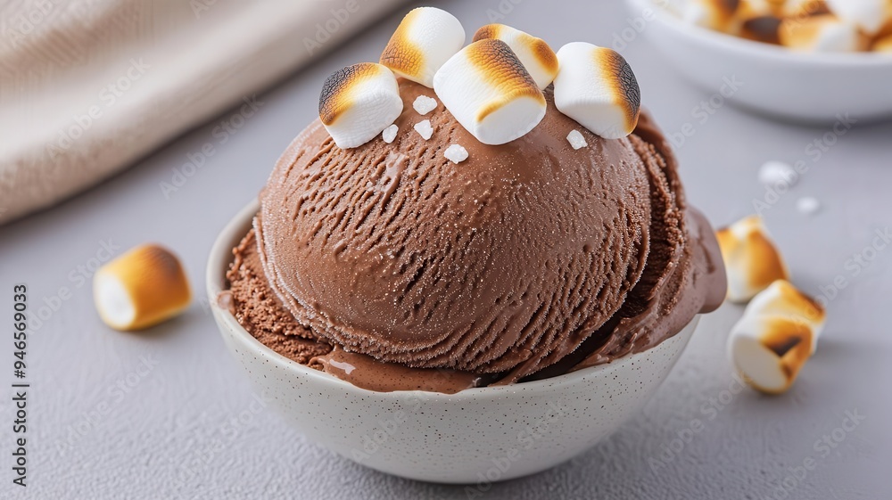 A gourmet chocolate ice cream scoop topped with roasted marshmallows and a sprinkle of sea salt, photorealistic, hyper-resolution, sophisticated and flavorful dessert A gourmet chocolate ice cream scoop topped with roasted marshmallows and a sprinkle of sea salt, photorealistic, hyper-resolution, sophisticated and flavorful dessert