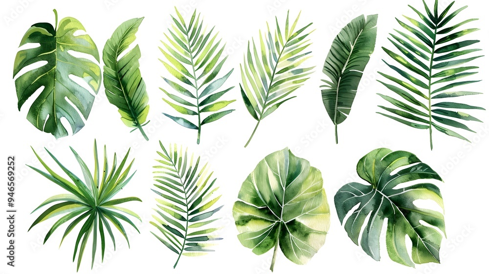 Elegant Tropical Watercolor Palm Leaves Collection in Vibrant Shades of Green on White Background Elegant Tropical Watercolor Palm Leaves Collection in Vibrant Shades of Green on White Background