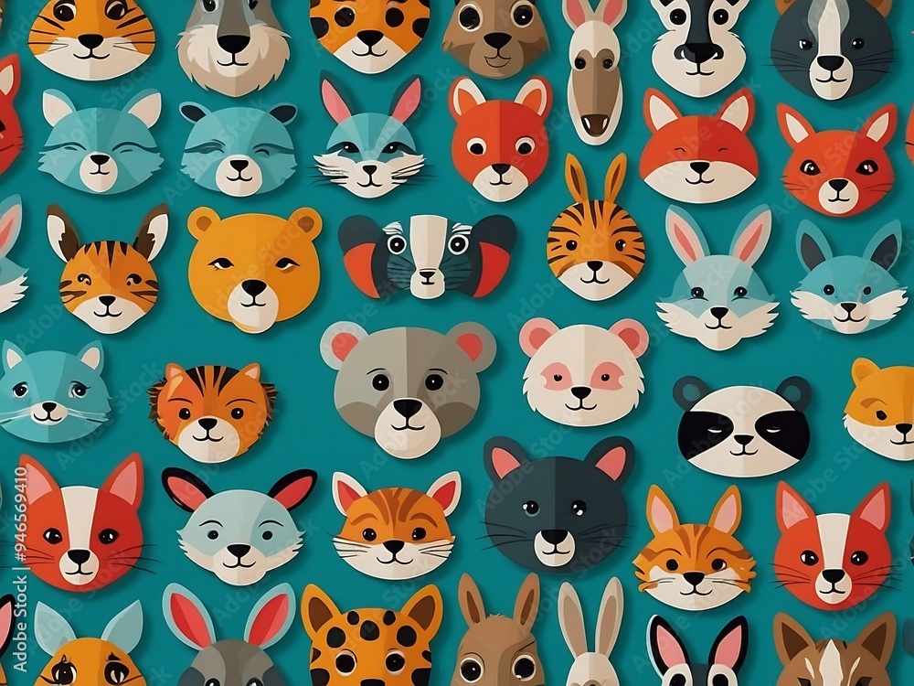 Playful cartoon animal faces arranged in a vibrant pattern on a teal background Playful cartoon animal faces arranged in a vibrant pattern on a teal background