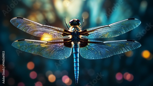 A breathtaking close-up of a dragonfly in repose, displaying its wings with mesmerizing patterns and iridescence, rendered in stunning