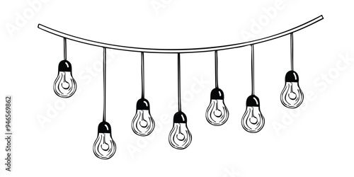 Vector illustration of String of Hanging Light Bulbs. Outline Drawing of Lamp garland for party decoration design. black Etching of Electric festoon for celebration . Glowing bright strands.