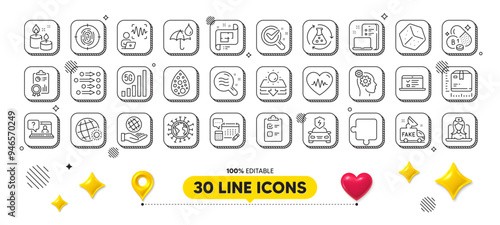 Package size, Inspect and 5g wifi line icons pack. 3d design elements. Architectural plan, Thiamine vitamin, Web lectures web icon. Fingerprint, Aroma candle, Heartbeat pictogram. Vector