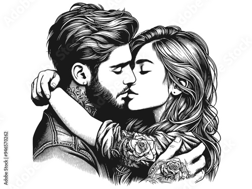 Romantic couple embracing in a detailed black and white illustration. Vector, generative ai.