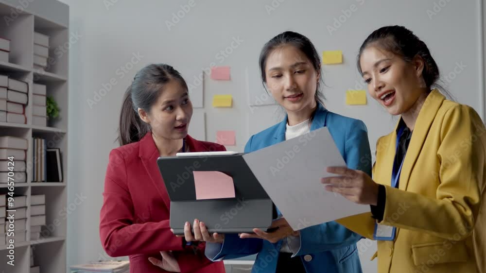 Three young businesswomen, dressed in vibrant suits, are engaged in a collaborative discussion, reviewing documents and using a digital tablet in a modern office setting Three young businesswomen, dressed in vibrant suits, are engaged in a collaborative discussion, reviewing documents and using a digital tablet in a modern office setting