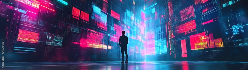 Fototapeta premium A silhouette stands in a vibrant digital environment filled with colorful data displays.