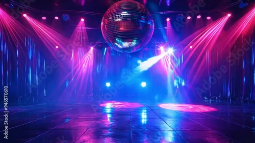 Scene in dynamically pulsating neon lights and spotlights with disco ball
