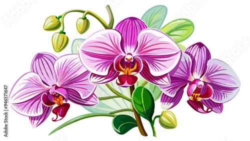 Elegant Pink Orchid Illustration with Lush Green Leaves - A detailed illustration of a pink orchid with lush green leaves. Perfect for botanical designs, nature themes, and floral art enthusiasts.