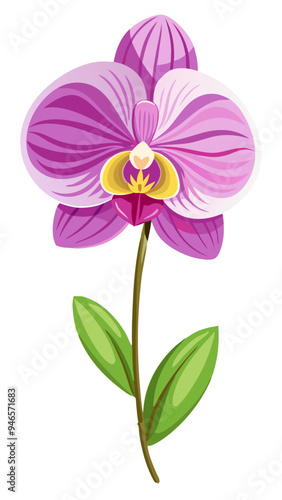 Elegant Pink Orchid Illustration with Lush Green Leaves - A detailed illustration of a pink orchid with lush green leaves. Perfect for botanical designs, nature themes, and floral art enthusiasts.