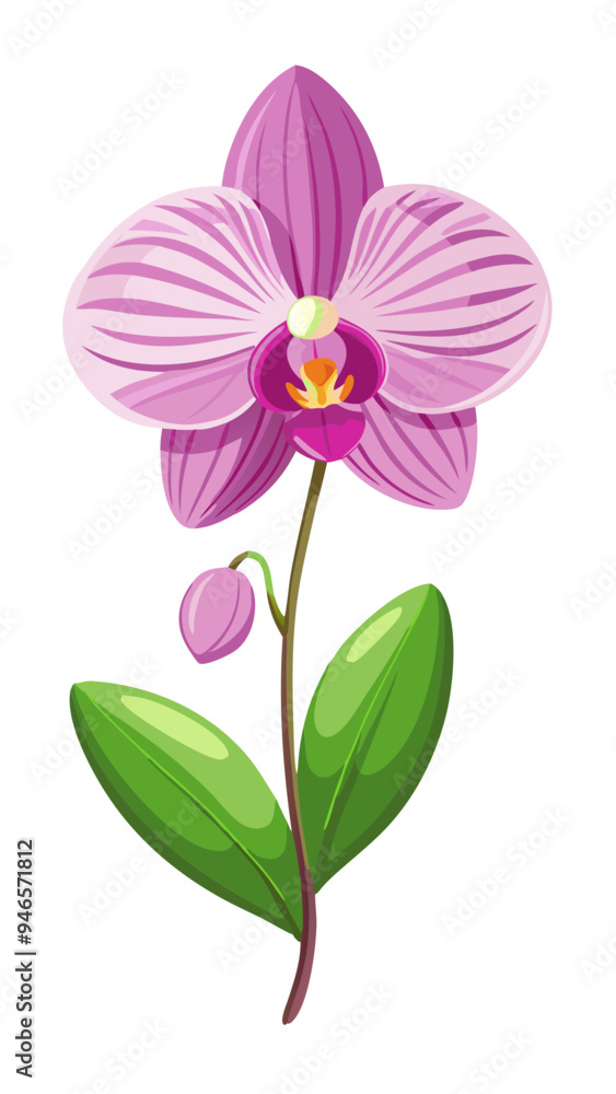 Elegant Pink Orchid Illustration with Lush Green Leaves - A detailed illustration of a pink orchid with lush green leaves. Perfect for botanical designs, nature themes, and floral art enthusiasts. Elegant Pink Orchid Illustration with Lush Green Leaves - A detailed illustration of a pink orchid with lush green leaves. Perfect for botanical designs, nature themes, and floral art enthusiasts.