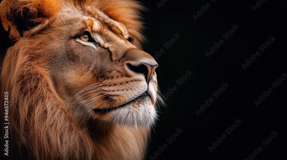 This image presents another stunning side profile of a majestic lion, highlighting its noble features and flowing mane, showcasing the lion's strength and dignity. This image presents another stunning side profile of a majestic lion, highlighting its noble features and flowing mane, showcasing the lion's strength and dignity.