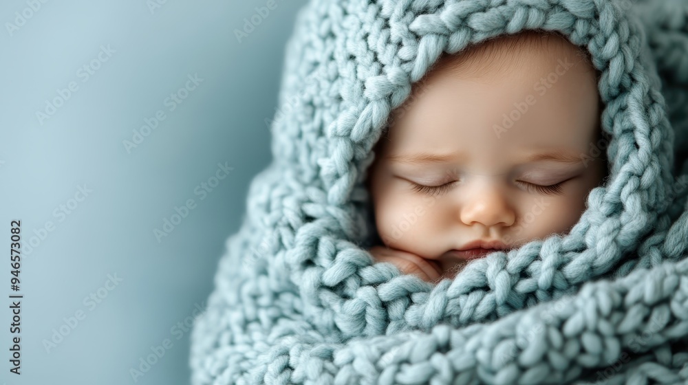 A detailed view of an infant nestled in a detailed blue knitted blanket, illustrating the calming and snug atmosphere created by the delicate fabric surrounding the child. A detailed view of an infant nestled in a detailed blue knitted blanket, illustrating the calming and snug atmosphere created by the delicate fabric surrounding the child.