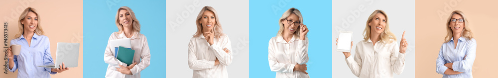 Collage of businesswoman on color background Collage of businesswoman on color background
