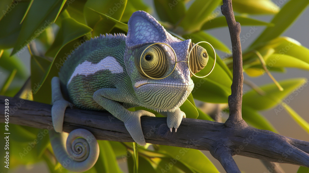 A green and white chameleon with glasses is sitting on a branch A green and white chameleon with glasses is sitting on a branch