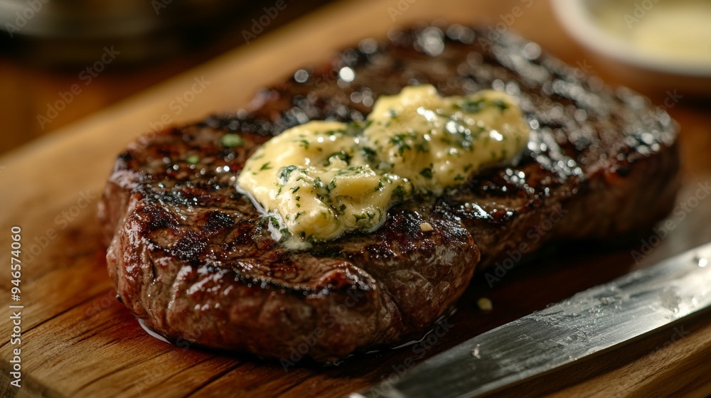 A mouth-watering close-up of a steak with a side of garlic butter melting over the top, served on a wooden cutting board with a fork and knife. A mouth-watering close-up of a steak with a side of garlic butter melting over the top, served on a wooden cutting board with a fork and knife.