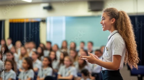 Dynamic school assembly with a student leader addressing peers with passion and leadership qualities on display