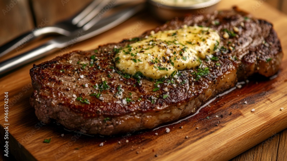 A mouth-watering close-up of a steak with a side of garlic butter melting over the top, served on a wooden cutting board with a fork and knife. A mouth-watering close-up of a steak with a side of garlic butter melting over the top, served on a wooden cutting board with a fork and knife.
