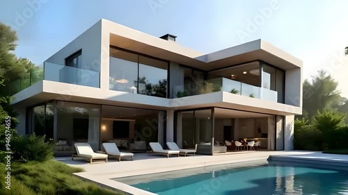 Wallpaper Mural Modern Two-Story House with Pool and Large Windows Torontodigital.ca