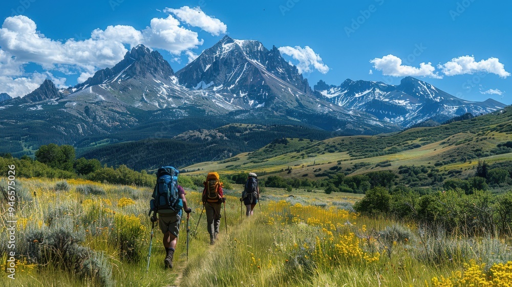 Backpackers Hiking Through Scenic Mountain Landscapes. Backpackers Hiking Through Scenic Mountain Landscapes.