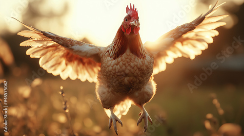 Cinematic realistic editorial shot of flying chicken in golden hour, front view