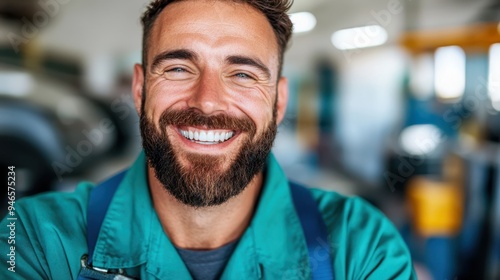 A cheerful mechanic wearing green overalls and a radiant smile works in a brightly lit workshop, embodying dedication, hard work, and the satisfaction of a job well done.