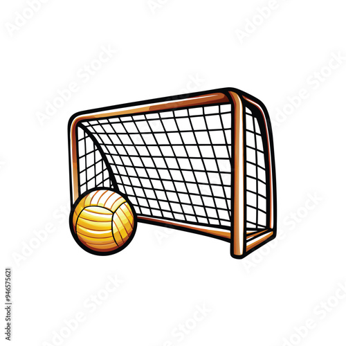 A close-up vector illustration of a goal net with a soccer ball in front of it.