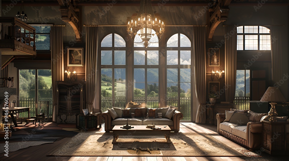 A cozy, elegant living room with large windows showcasing a scenic mountain view. A cozy, elegant living room with large windows showcasing a scenic mountain view.