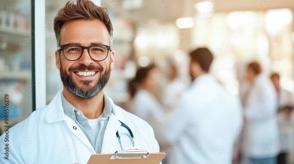 A smiling pharmacist in a white coat holding a clipboard, standing in a pharmacy. The image symbolizes professionalism, dedication, and meticulous care in the healthcare sector. Ideal for medical con A smiling pharmacist in a white coat holding a clipboard, standing in a pharmacy. The image symbolizes professionalism, dedication, and meticulous care in the healthcare sector. Ideal for medical con