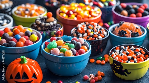 A variety of Halloween candies arranged in colorful bowls with spooky decorations for a playful and vibrant look