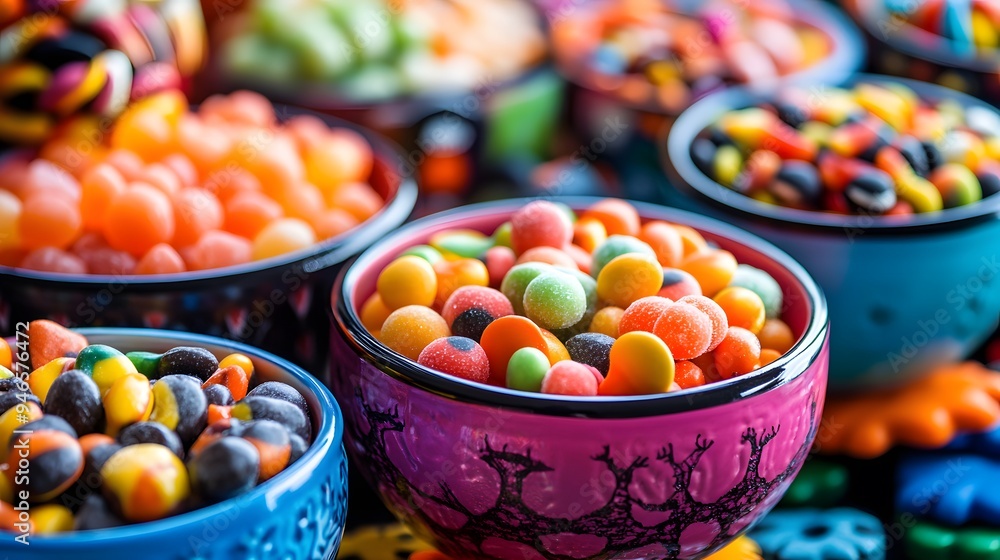 A close-up view of Halloween candies displayed in vibrant bowls with spooky decorations adding to the festive charm