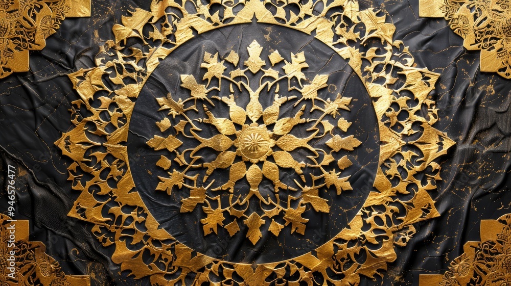 Intricate gold Arabic pattern on a silk wall panel, showcasing ornate and elegant traditional design. Intricate gold Arabic pattern on a silk wall panel, showcasing ornate and elegant traditional design.