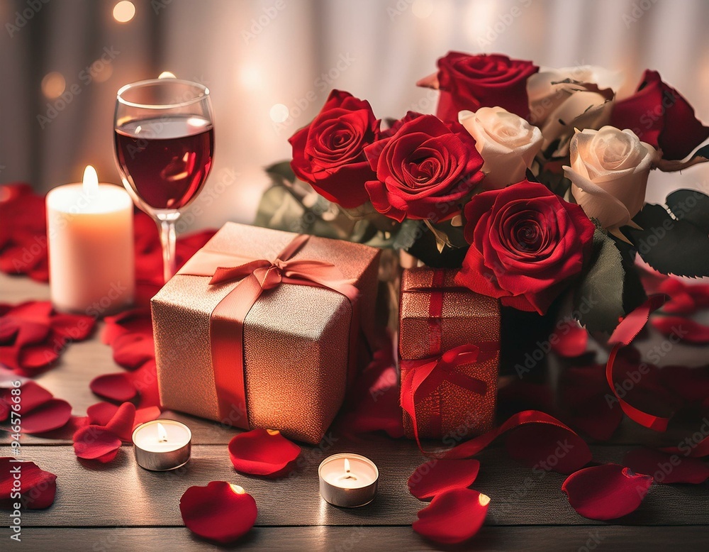 Valentines day dinner with table place setting with red gift, glass for champagne, heart ornaments with silverware on white background. Close up. Valentine's Valentines day dinner with table place setting with red gift, glass for champagne, heart ornaments with silverware on white background. Close up. Valentine's