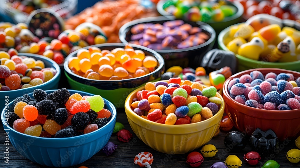 A variety of Halloween candies arranged in colorful bowls with spooky decorations creating an irresistible festive display A variety of Halloween candies arranged in colorful bowls with spooky decorations creating an irresistible festive display