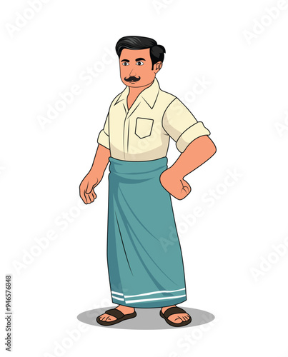 A village man cartoon character wearing shirt and lungi