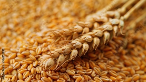 Close-Up View of Wheat Grains With Wheat Ears in Background on Wooden Surface