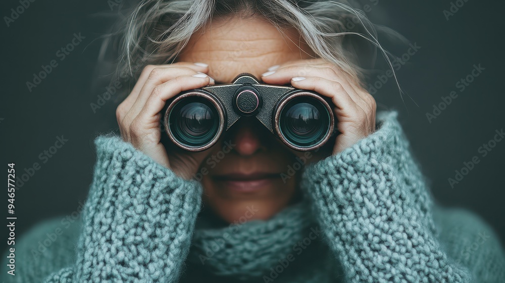 A person in a warm turquoise knit sweater examines something through binoculars, setting a tone of curiosity and intrigue with their unidentified background. A person in a warm turquoise knit sweater examines something through binoculars, setting a tone of curiosity and intrigue with their unidentified background.