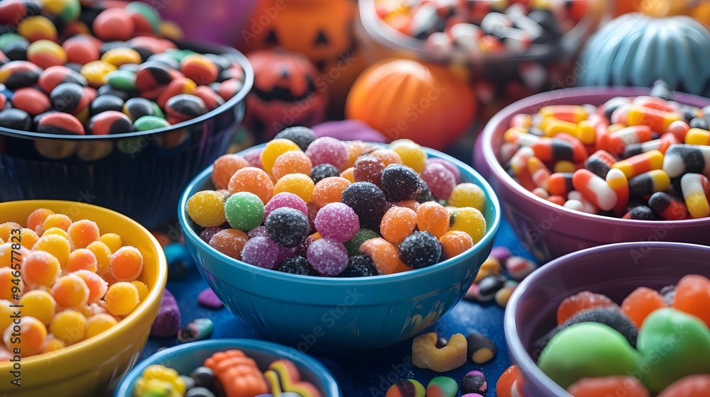 A close-up view of Halloween candies displayed in vibrant bowls surrounded by spooky decorations for an irresistible look A close-up view of Halloween candies displayed in vibrant bowls surrounded by spooky decorations for an irresistible look