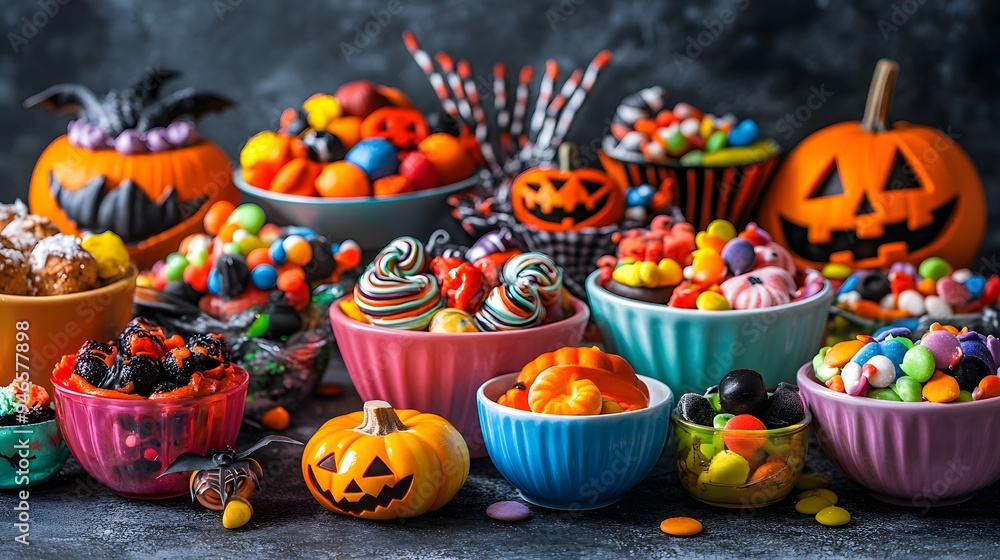 A variety of Halloween treats arranged in colorful bowls with spooky decorations enhancing the festive display A variety of Halloween treats arranged in colorful bowls with spooky decorations enhancing the festive display