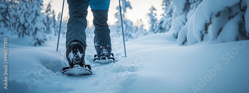 Snowshoeing on a serene winter morning through a peaceful forest trail covered in fresh snow and sunlight