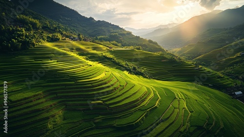 A panoramic view of terraced rice fields with varying shades of green, illustrating the beauty of traditional farming techniques and landscape