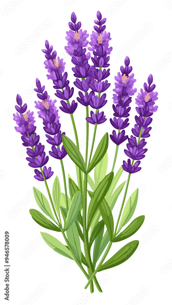 Naklejka premium Illustration of Fresh Lavender Stems with Purple Blooms - illustration of lavender stems with vibrant purple flowers and green leaves. Perfect for botanical projects, aromatherapy, and nature themes.