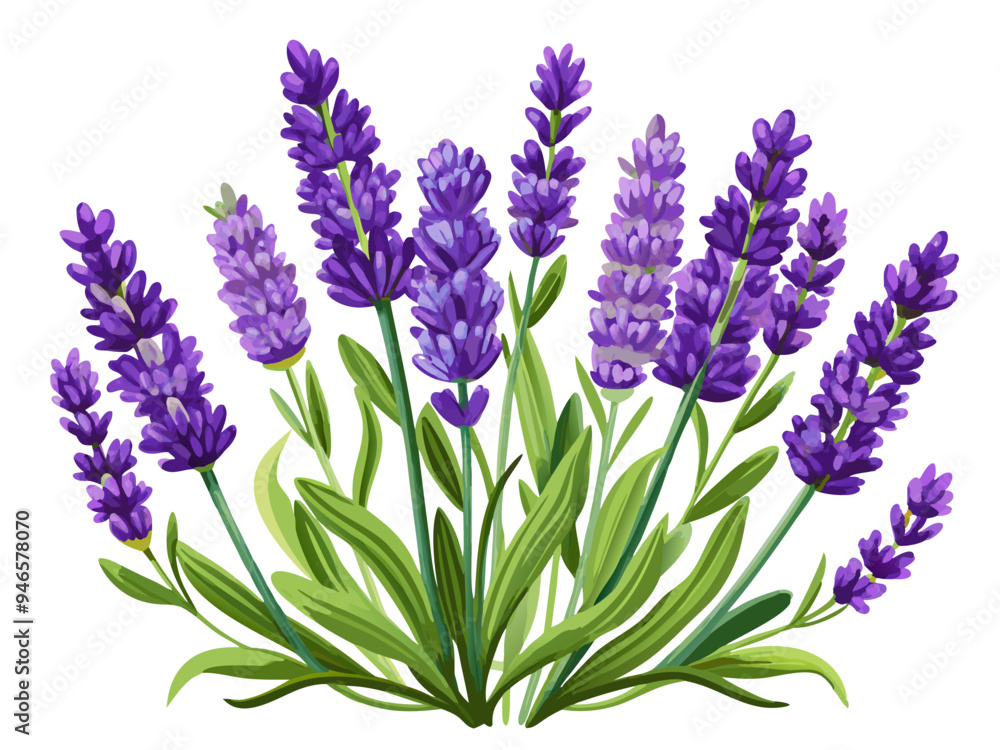 Fototapeta premium Illustration of Fresh Lavender Stems with Purple Blooms - illustration of lavender stems with vibrant purple flowers and green leaves. Perfect for botanical projects, aromatherapy, and nature themes.