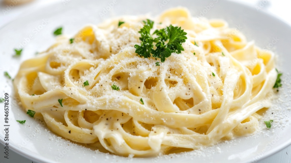 A perfectly cooked plate of fettuccine Alfredo, with a creamy sauce and parsley garnish, presented on a white plate with a white background. A perfectly cooked plate of fettuccine Alfredo, with a creamy sauce and parsley garnish, presented on a white plate with a white background.