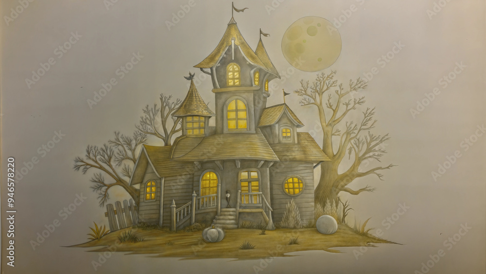 Whimsical haunted house watercolor illustration in sepia tones with copy space
Whimsical haunted house watercolor illustration in sepia tones with copy space