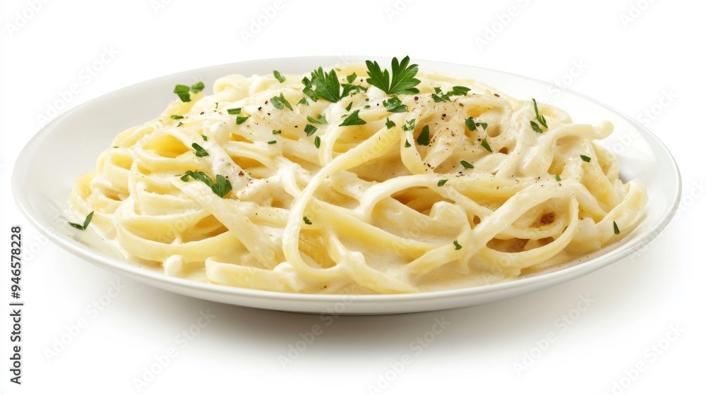 A perfectly cooked plate of fettuccine Alfredo, with a creamy sauce and parsley garnish, presented on a white plate with a white background. A perfectly cooked plate of fettuccine Alfredo, with a creamy sauce and parsley garnish, presented on a white plate with a white background.