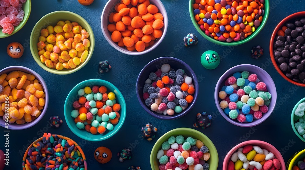 A variety of Halloween candies arranged in colorful bowls with spooky decorations for a vibrant and playful display A variety of Halloween candies arranged in colorful bowls with spooky decorations for a vibrant and playful display