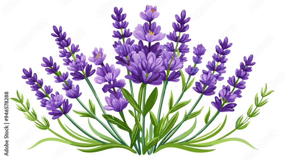 Fototapeta premium Illustration of Fresh Lavender Stems with Purple Blooms - illustration of lavender stems with vibrant purple flowers and green leaves. Perfect for botanical projects, aromatherapy, and nature themes.